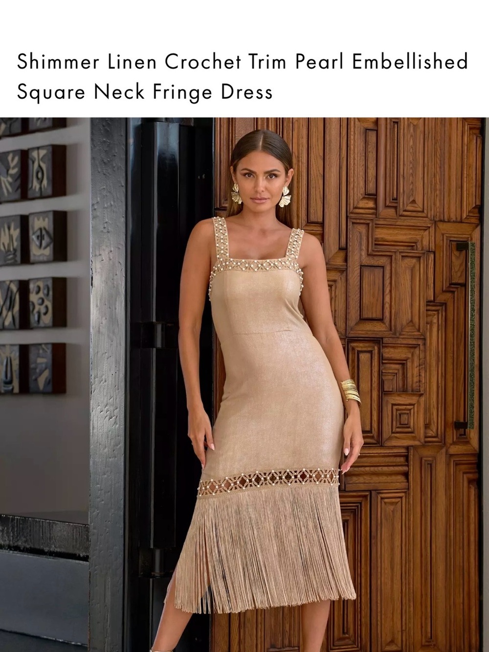 Boston Proper Pearl-Embellished Fringe Midi Dress - Beige